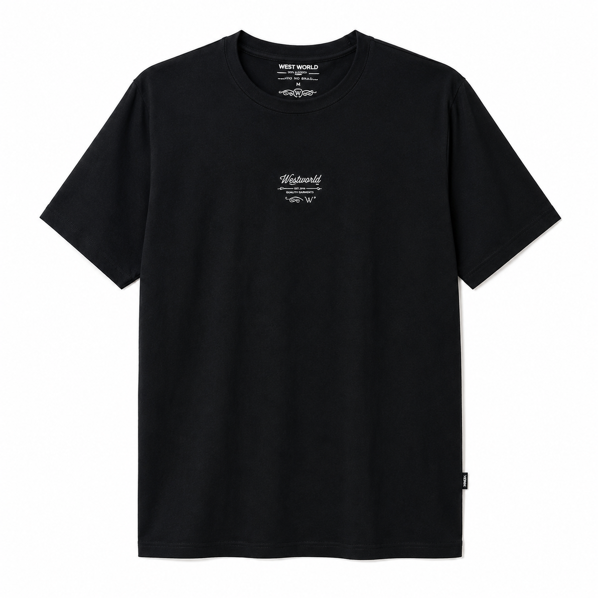 Camiseta West World Preta Bordado Minimalista — foto tratada